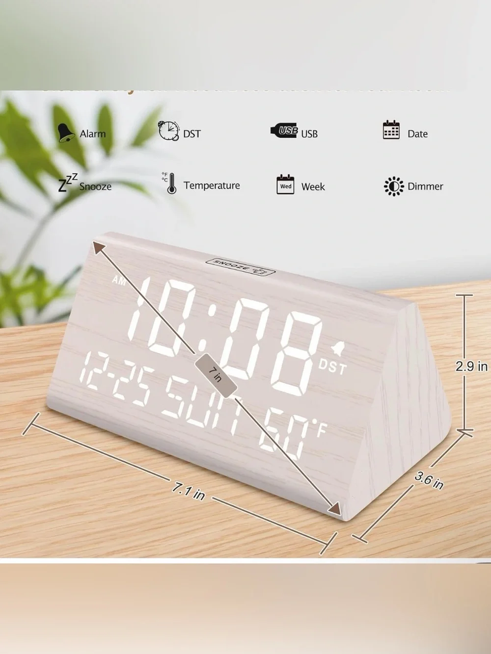 Minimal LED Wood Grain Alarm Clock in White